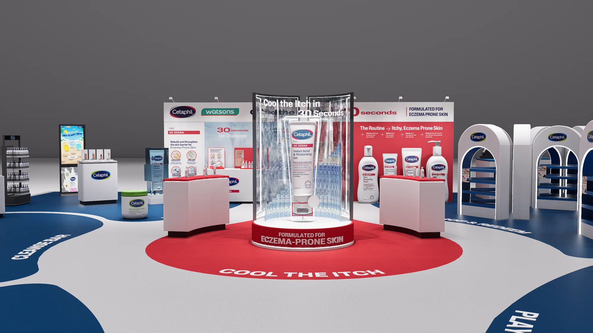 Render of the central Cool the itch display, a product column inside a curved screen on a red podium