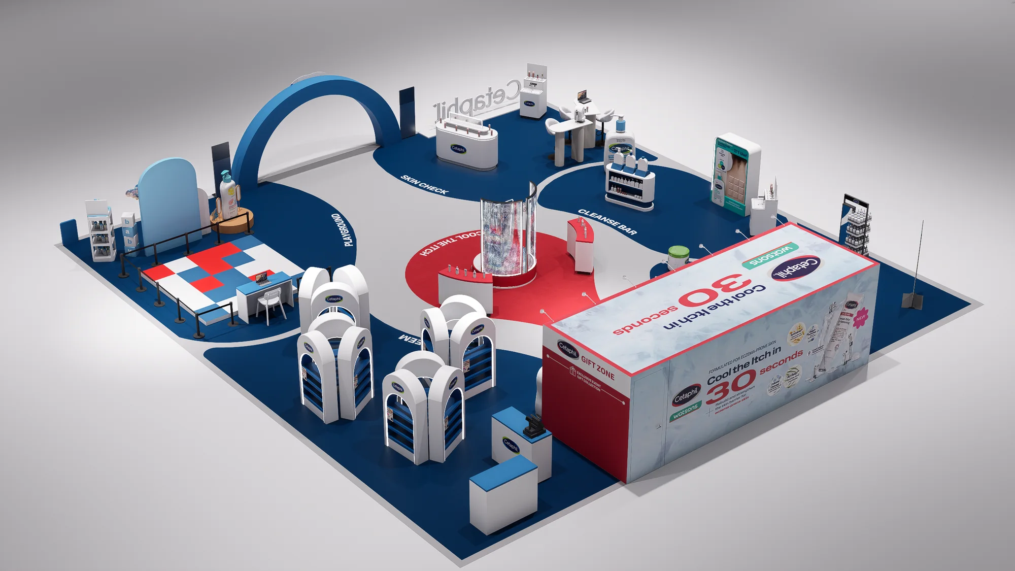 Render of the roadshow from the back, with the Gift zone wall and the Shop and redeem arches