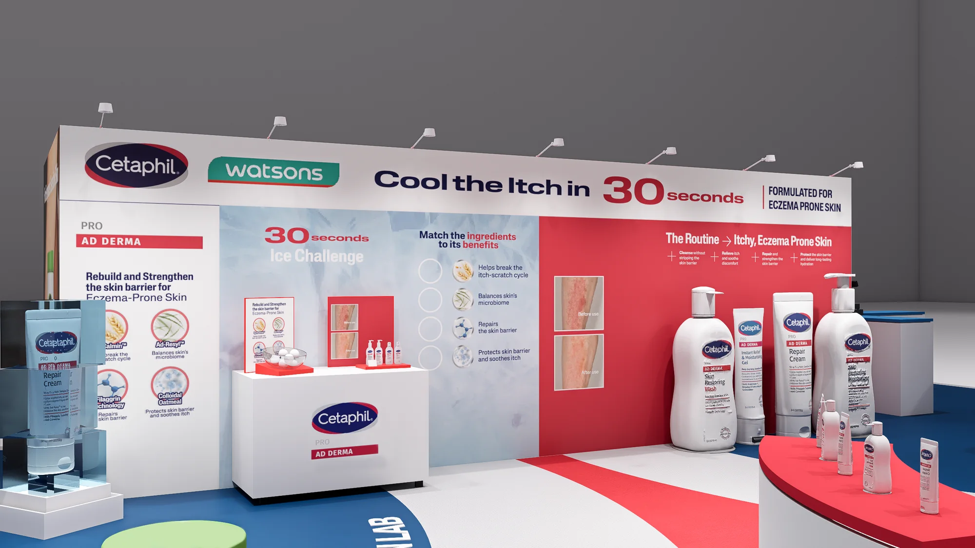 Render of the backdrop wall with the ingredients game and the eczema routine