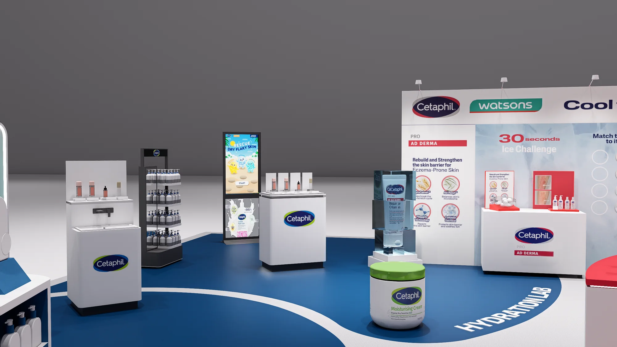 Render of the Hydration lab, with testers and an interactive screen