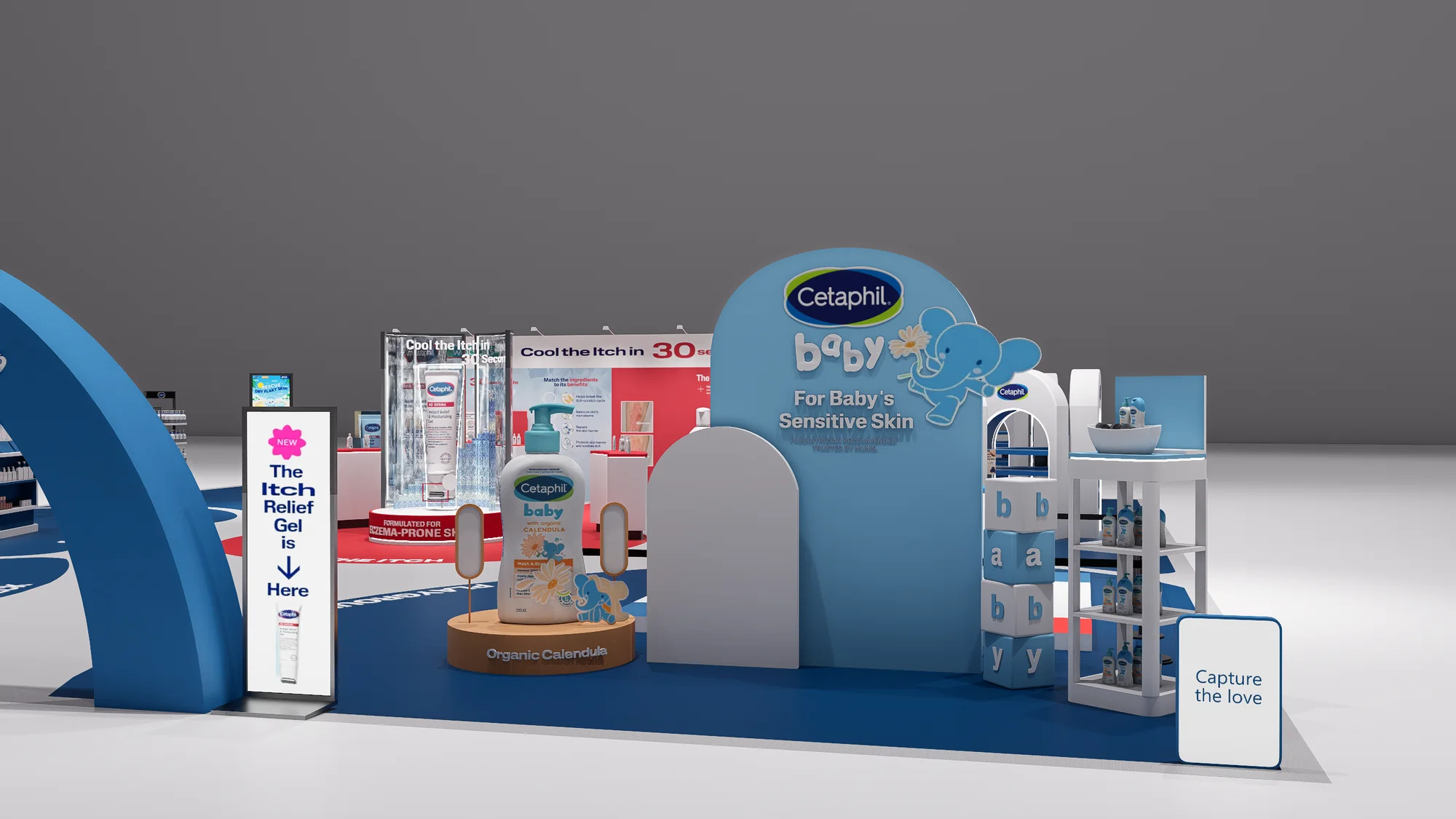 Render of the Cetaphil baby corner, with letter blocks and a photo point