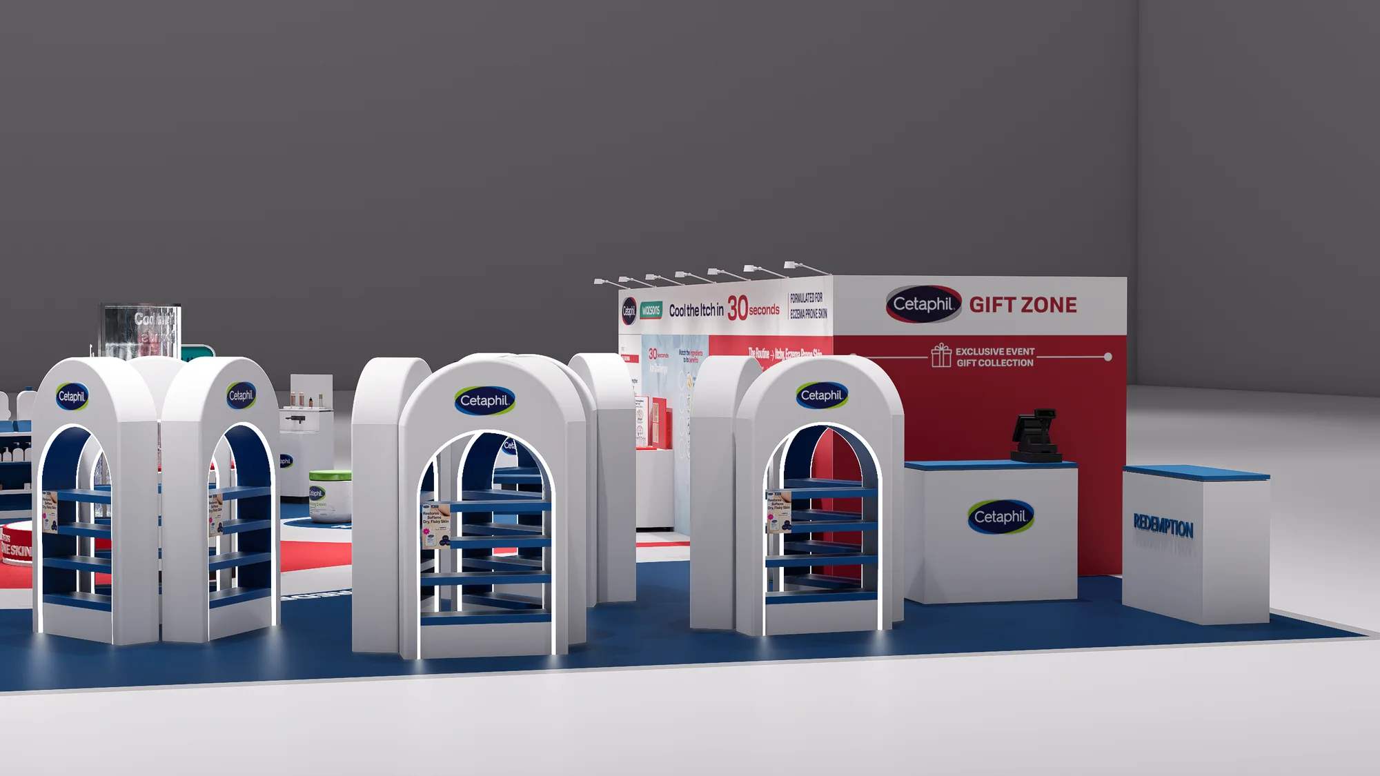 Render of the Shop and redeem arches and the Gift zone counter