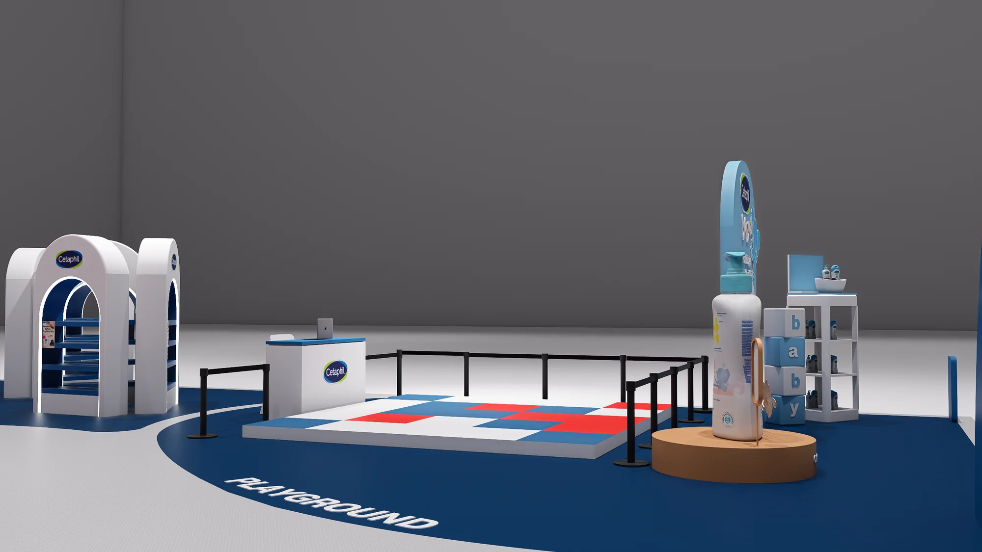 Render of the Playground, a tiled game floor beside the baby corner