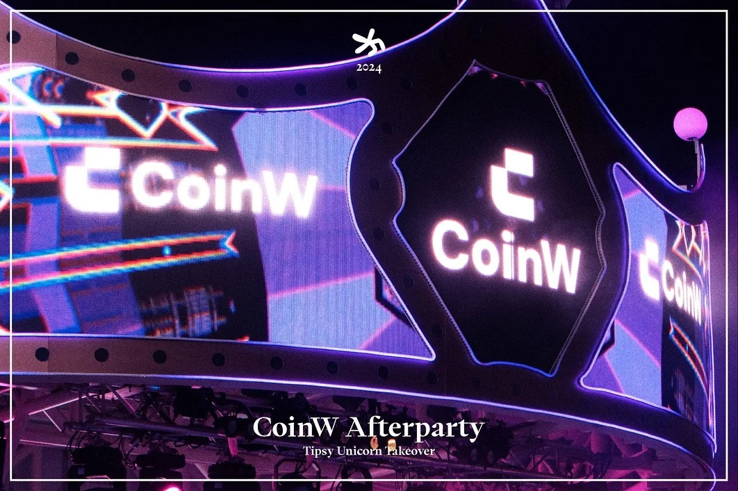The CoinW Afterparty title card: a lit CoinW sign over the bar, Tipsy Unicorn Takeover