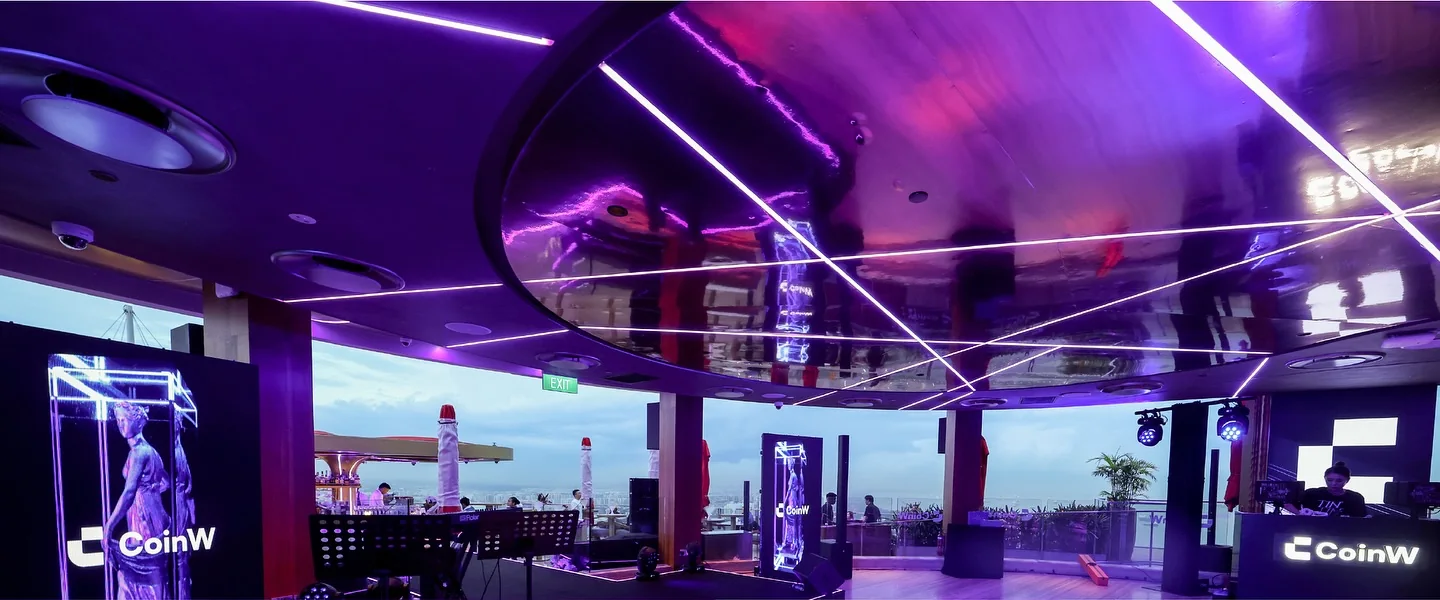 The rooftop venue with CoinW branding before guests arrive