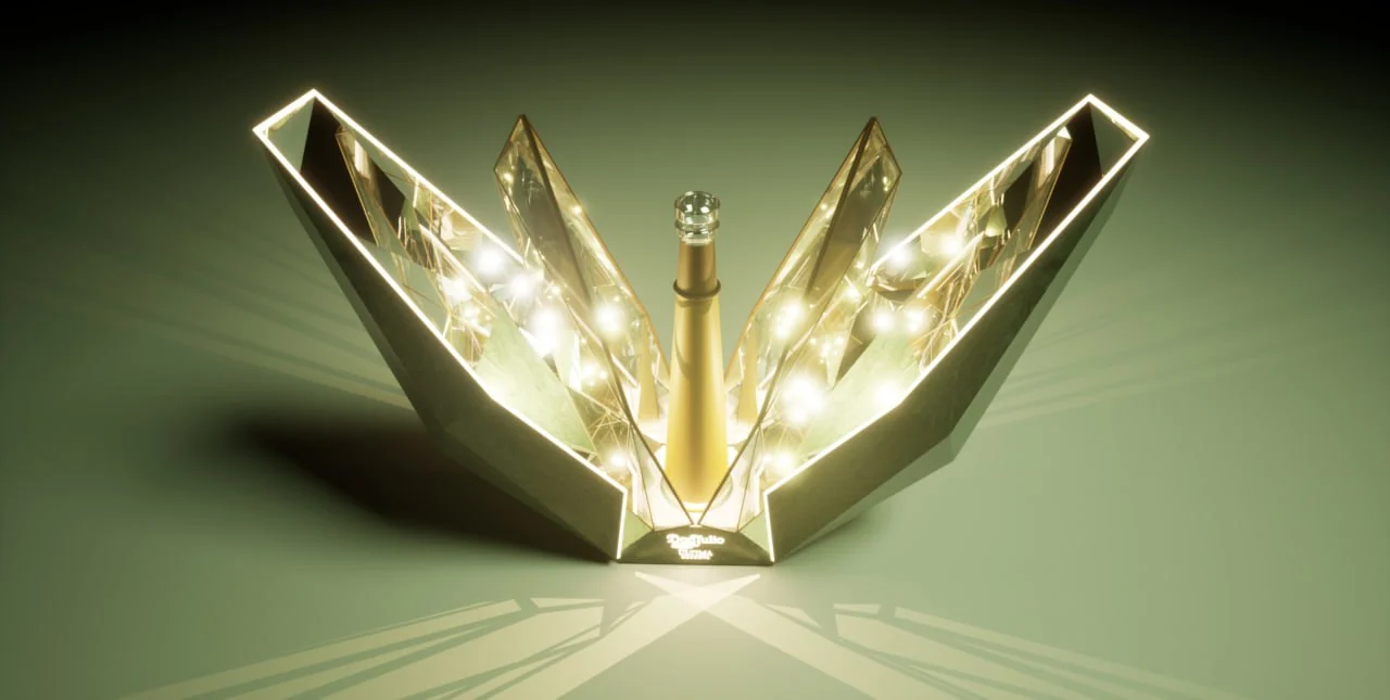 Render with the petals fully open, gold glass shards and points of light inside