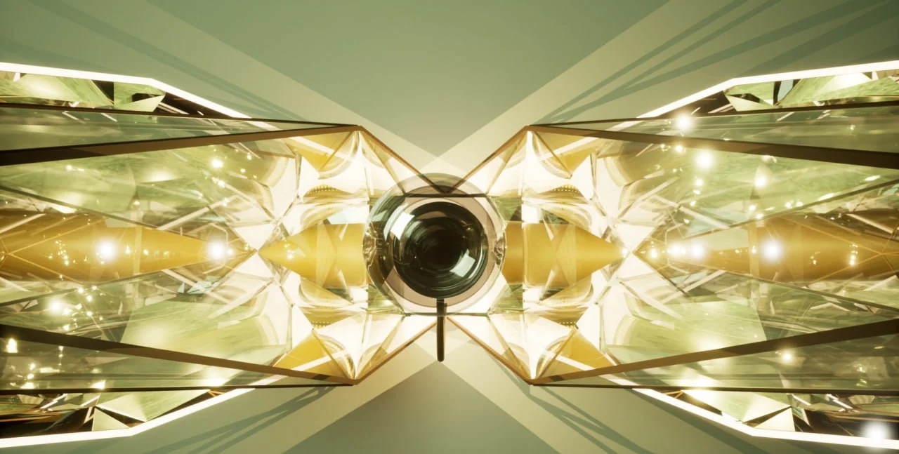 Looking straight down into the glorifier, the bottle at the centre of the mirrored shards