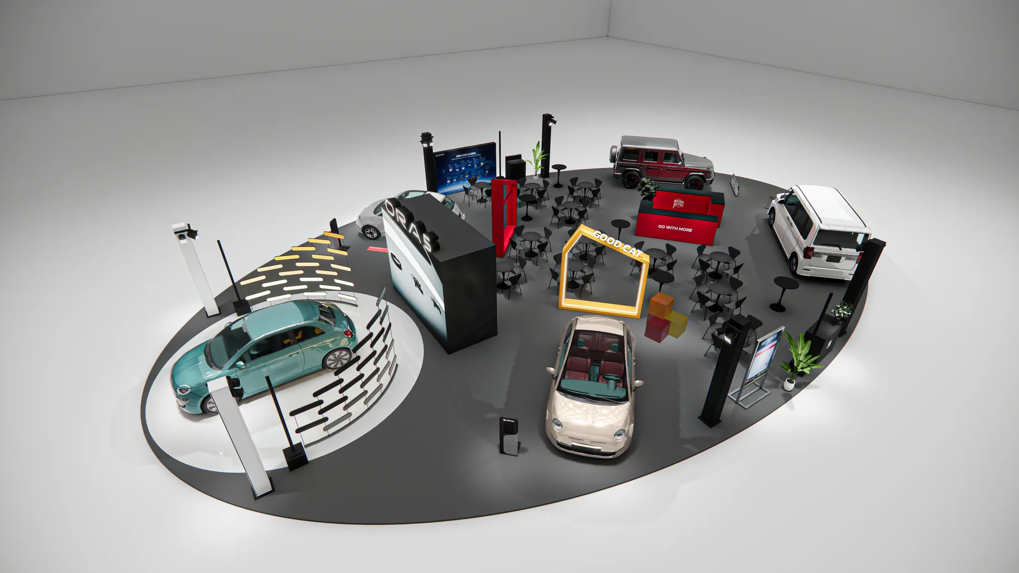 Overhead render of the Cycle & Carriage ORA 5 Unveiling stand