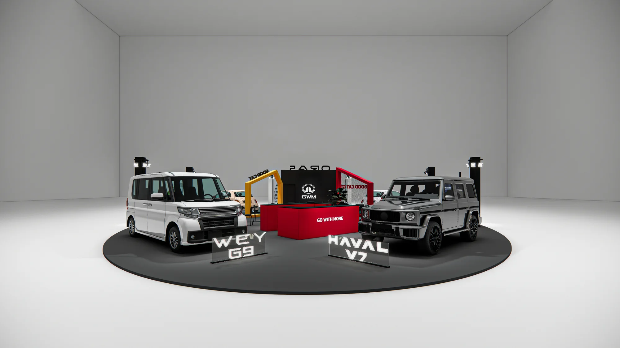 Render of the WEY G9 and Haval V7 in front of the hospitality counter