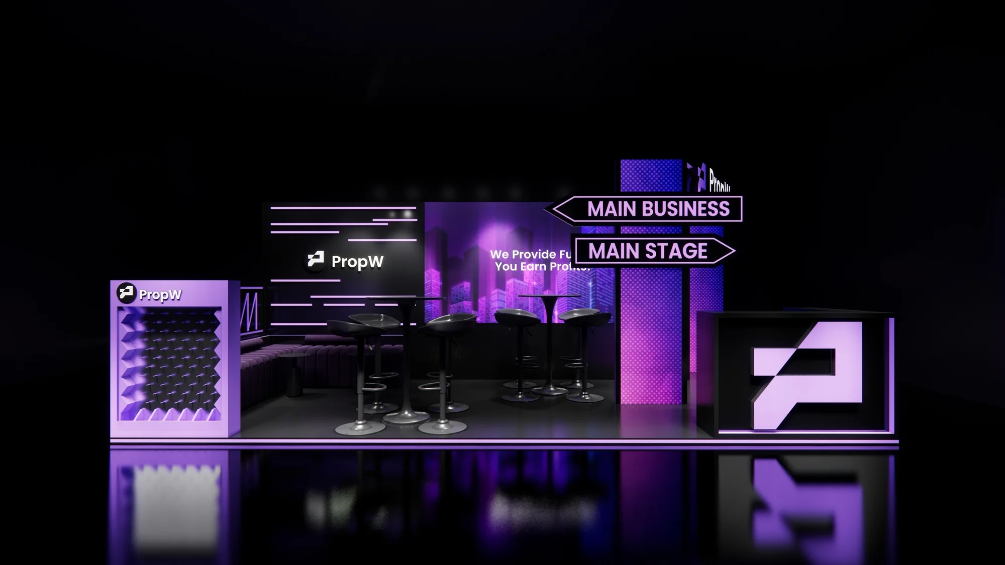 Render of the PropW booth from the front