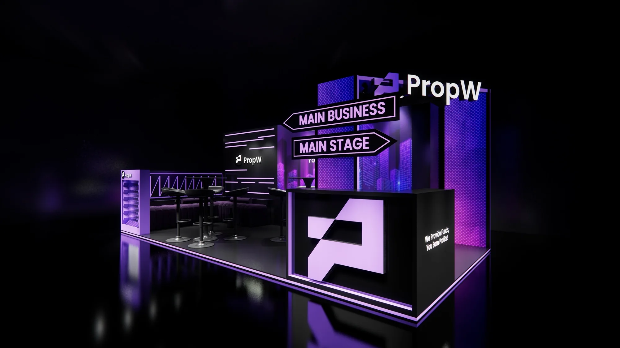 Render of the booth from the corner, with the bar counter and P mark