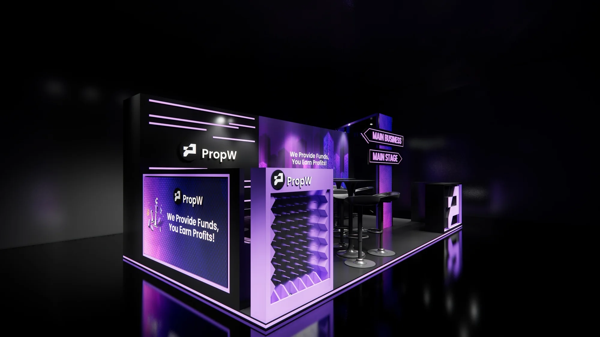 Render of the booth from the side, with the plinko wall