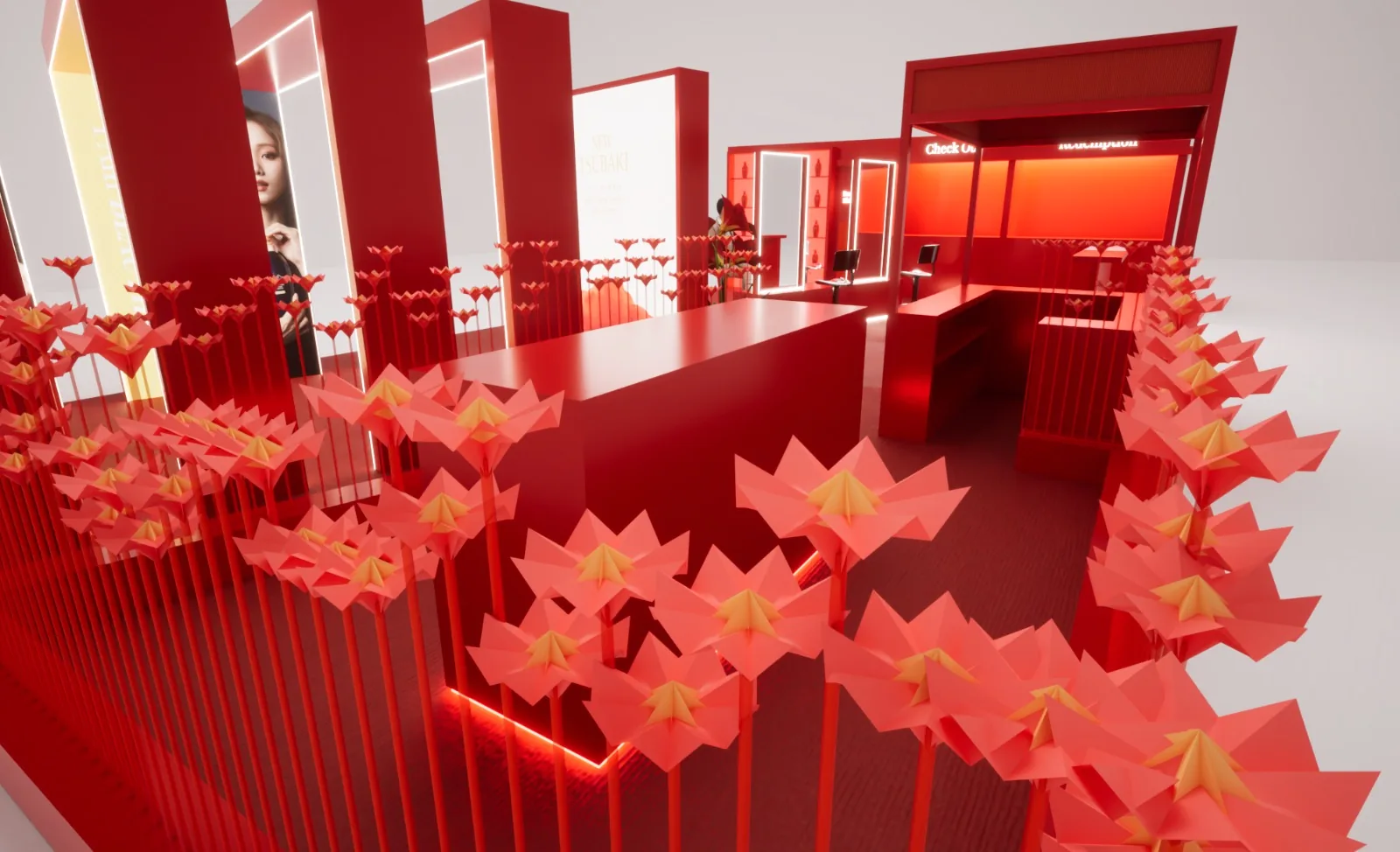 Render looking across the folded camellias to the counter and the checkout booth