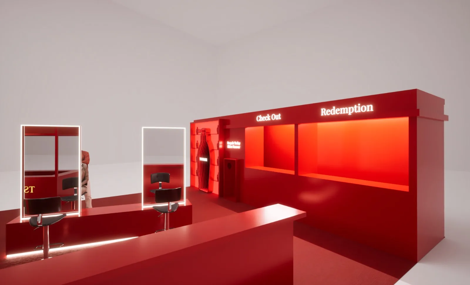 Render of the styling mirrors facing the checkout and redemption booth